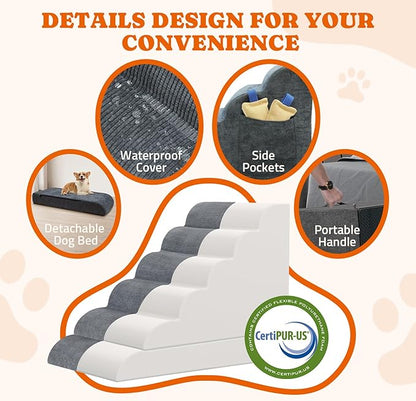 Dog Stairs for High Bed: Foam Pet Stairs for Dogs to Get on Bed Couch 24" Tall 6 Tiers,