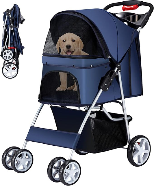 Pet Stroller 4 Wheels Dog Cat Stroller for Medium Small Dogs Cats, Folding Cat Jogger Stroller with Storage Basket & Breathable Mesh, Easy to Walk Travel Carrier, Navy Blue