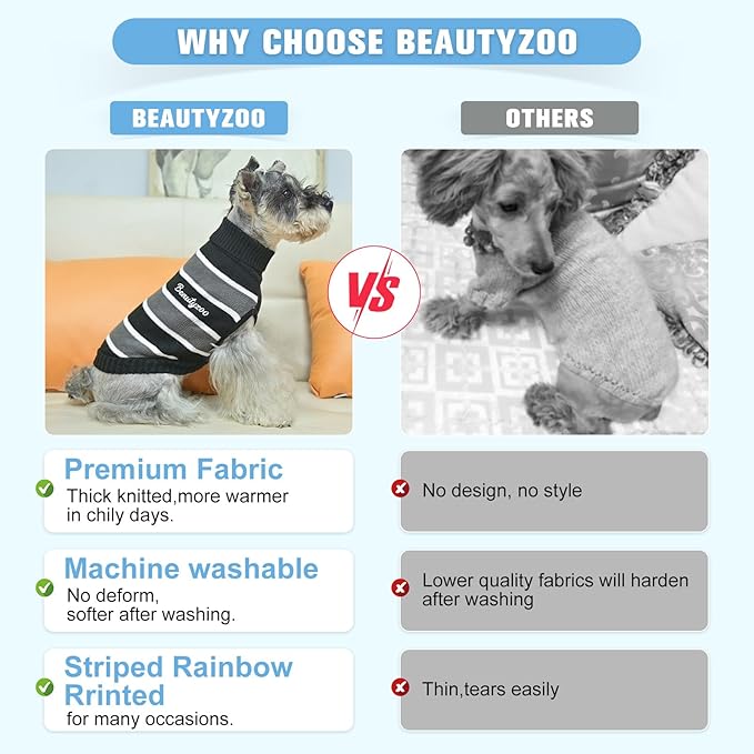 BEAUTYZOO Small Dog Sweater- Striped Pet Sweaters for Spring Summer Dog Clothes, Turtleneck Pullover Knitwear for Small Medium Large Dogs, Warm Coat Easter Outfit for Chihuahua Puppy Cat Boys Girls