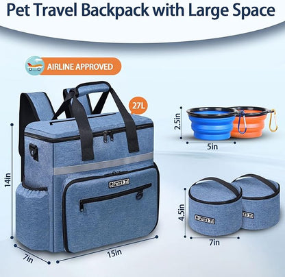 Petskd Dog Travel Bag for Supplies, 27L Large Space Pet Organizer Backpack, Airline Approved Dog Weekend Bag with Multi-Function Pockets for Overnight Camping with 2 Food Containers, 2 Bowls (Blue)