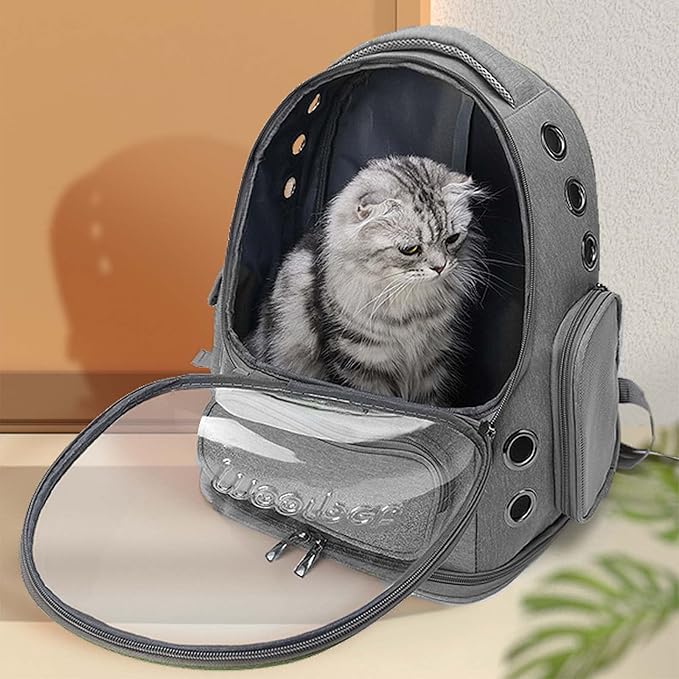 Cat Backpack Carrier, Breathable Cat Carrier Backpack Large Space Cat Bubble Backpack for Kitty Small Dog, Foldable Airline Approved Cat Backpack, Transparent Cat Travel Backpack Up to 16 lbs (Grey)