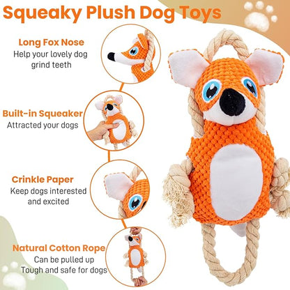 Interactive Dog Toys for Large Dogs, Plush Tug of War Dog Toy to Keep Them Busy, Squeaky Tough Dog Chew Toys for Boredom, Dog Teething Toys for Small, Medium & Large Dogs (Fox)