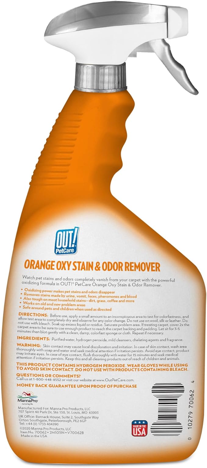 OUT! PetCare Complete Oxy Pet Stain and Odor Remover, Oxy Orange Cleaner Spray, Stain and Odor Eliminator, Pet Carpet Cleaner, Urine Remover and Odor Neutralizer, Safe, Effective, 32 fl oz