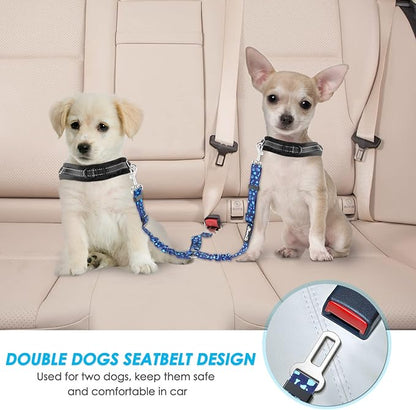 SlowTon Dog Seat Belt, Double Dog Seatbelt Adjustable Vehicle Safety Leash with Elastic Bungee Buffer, Reflective No Tangle Y Shape Two Dog Harness Seat Belt Splitter for Pets Car Trip (Blue Paws, S)