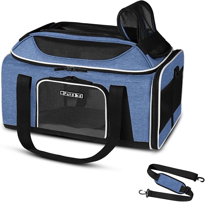 Petskd Top-Expandable Pet Carrier 17x12x8.5 Inches JetBlue Frontier Spirit Airline Approved, Soft-Sided Carrier for Small Cats and Dogs with Locking Safety Zippers and Anti-Scratch Mesh(Blue)