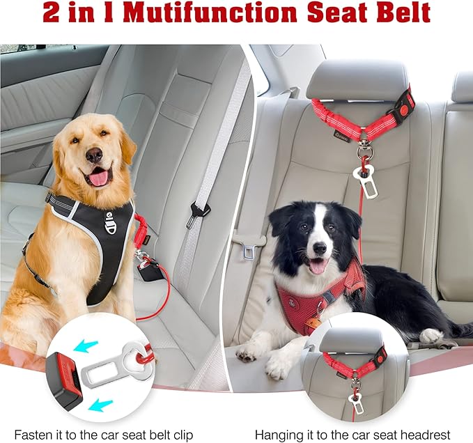 Chew Proof Dog Car Seat Belt, 2 in 1 Steel Cable Dog Car Accessories Headrest Restraint Dog Seat Belt for Medium Large Dogs Chewer Heavy Duty Dog Seatbelt for Cars Swivel Attach Red