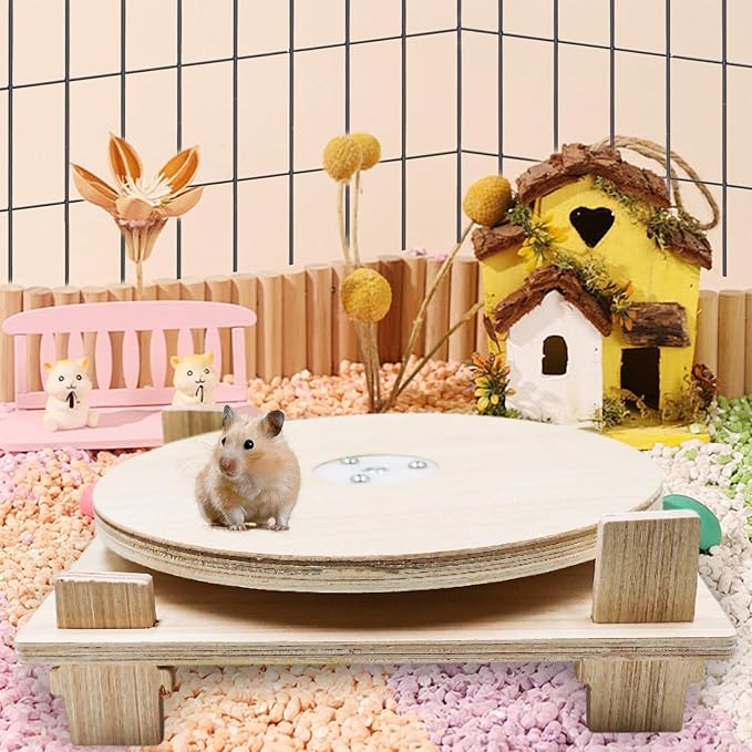 Hamster Toys, Wooden Running Turntable Toy for Small Pet, Hamster Cage Accessories, Rat Enrichment Toys, Running Wheel for Hamester, Rat, Gerbil, and Other Small Animals