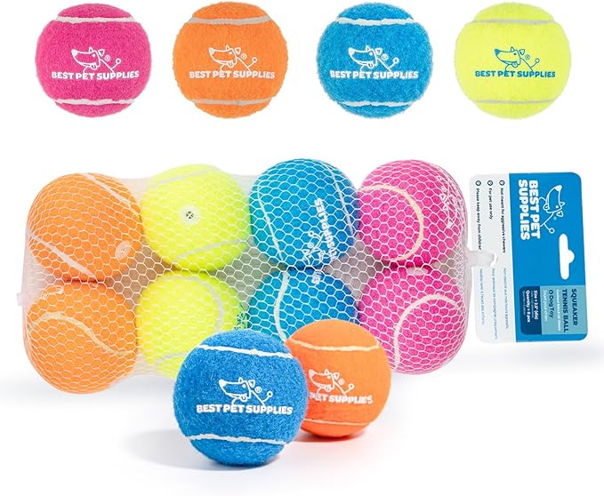 Best Pet Supplies Squeaky Tennis Toys for Dogs, 8-Pack, Heavy-Duty Interactive Pet Toys for Throwing and Fetching, Supports Exercise and Natural Behavior Training, Durable - Medium