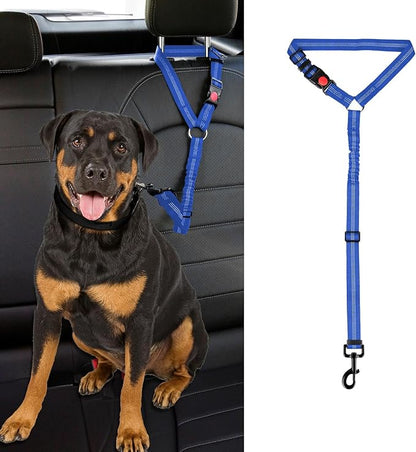 Dog Cat Safety Seat Belt Strap Car Headrest Restraint Adjustable Nylon Fabric Dog Restraints Vehicle Seatbelts Harness (Blue Elastic Bungee)