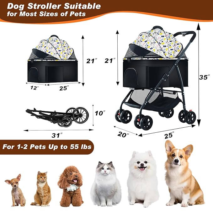 Pet Stroller 3 in 1 Folding Lightweight Dog Stroller with Detachable Carrier & Storage Basket 4 Wheels