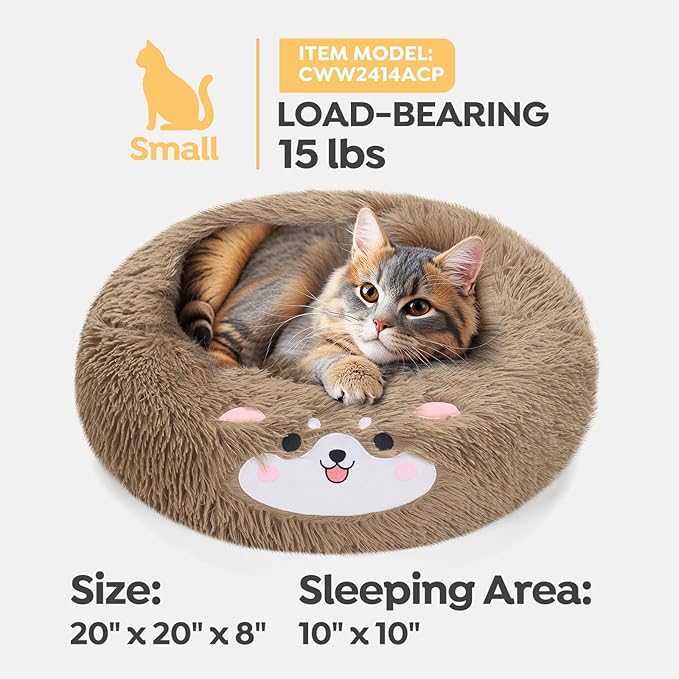 Veehoo Donut Calming Cat Dog Beds for Small Dogs Cat-Round Cute Small Cat Bed Pet Bed 20" Camel