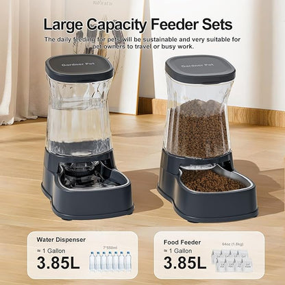 Gardner Pet Automatic Dog Water Dispenser Gravity Stainless Steel Water Waterer & Food Feeder Set, Large Capacity Feeding Bowls for Medium & Large-Sized Dogs Cats Other Pets -(1 Gallon x2)