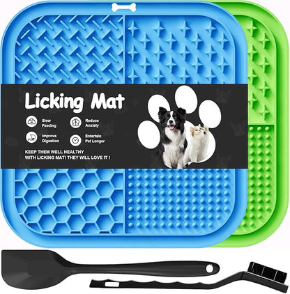 2 PCS Licking Mat for Dogs & Cats with Suction Cups, Dog Slow Feeder Lick Pat for Anxiety Relief, Dog Toys Feeding Mat for Butter Yogurt Peanut, Pets Bathing Grooming Training Mat (Blue&Green)