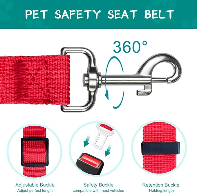 2 PCS Dog Seat Belt for Car Frskcssd Adjustable Dog Car Harness Heavy Duty Nylon Dog Safety Seat Belt Durable Pet Seat Belts for Small & Large Dogs Supports All Cars Quick & Easy Installation (Red)