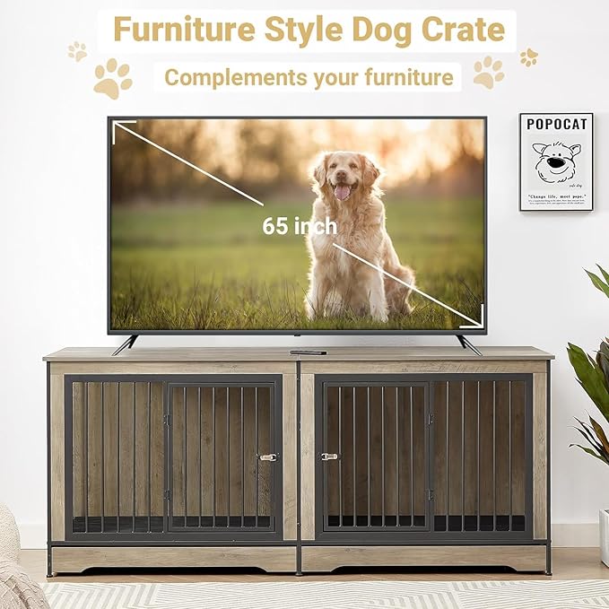 Rovibek 75'' Double Dog Crate Furniture for 2 Large Dogs