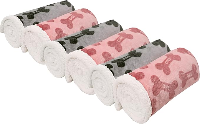 Dog Blankets 6 Pack Flannel Fleece Sherpa Puppy Throw Blankets Bulk 30x43 Inch Warm Sleeping Ultra Soft Bone Printed Plush Fluffy Paw Mat for Pet Couch Bed, Grey and Pink