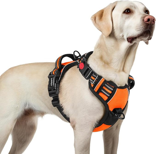 rabbitgoo Dog Harness for Large, No Pull Pet Harness with 3 Buckles, Adjustable Soft Padded Dog Vest with Instant Control Handle, Easy Walking Reflective Pet Vest for Large Dogs, Orange, L