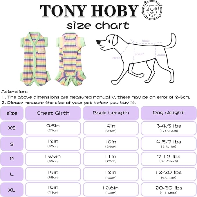 TONY HOBY Dog Pajamas, Dog 4 Legged Pajamas Jumpsuit with Rainbow Stripe, Female Dog Pajamas Pet Clothes for Small Medium Size Dog (Green&Yellow, Girl, S)