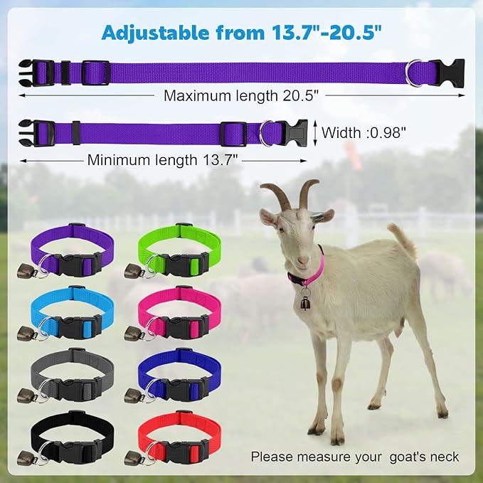 8 Pack Goat Collar with Bell, Adjustable Sheep Collars Set with Quick Release Buckle Durable Nylon Anti-Lost Grazing Pet Collar with Copper Bell for Goat Sheep Horse Cow