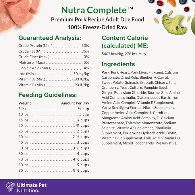 ULTIMATE PET NUTRITION Nutra Complete Raw Freeze Dried Dog Food, Veterinarian Formulated with Antioxidants, Prebiotics & Amino Acids (3 Pound, Pork)