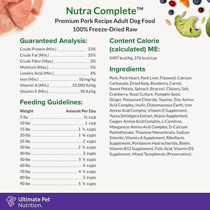 ULTIMATE PET NUTRITION Nutra Complete Raw Freeze Dried Dog Food, Veterinarian Formulated with Antioxidants, Prebiotics & Amino Acids (3 Pound, Pork)