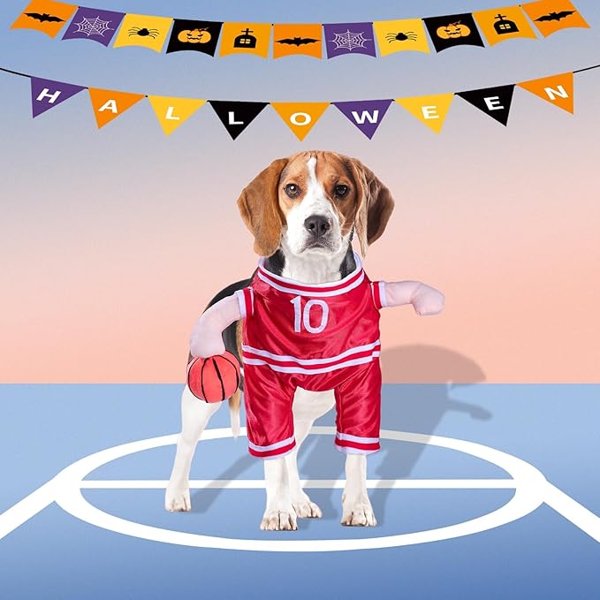 DELIFUR Dog Basketball Player Costume - Pet Halloween Costume Adjustable Funny Dress Up Sports Outfit Cosplay Clothes for Small Medium Dog Red (Medium)