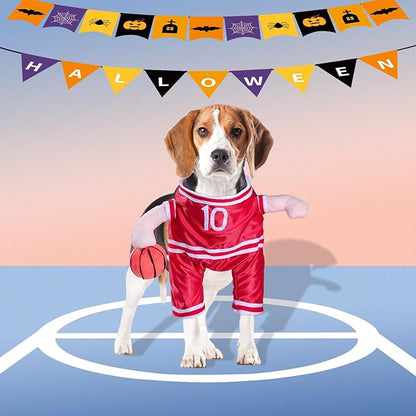 DELIFUR Dog Basketball Player Costume - Pet Halloween Costume Adjustable Funny Dress Up Sports Outfit Cosplay Clothes for Small Medium Dog Red (Medium)