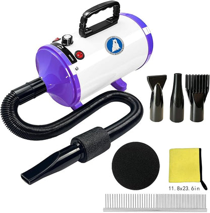 Pet Grooming Dryer with Adjustable Speed for Dogs | Quiet and Powerful Dog Hair Dryer | includes Different Nozzles, Pet Towel, and Brush | Ideal for Pet Grooming and Home Use (White purple)