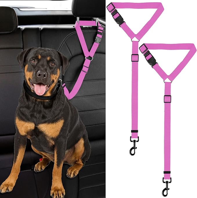 2 Packs Dog Cat Safety Seat Belt Strap Car Headrest Restraint Adjustable Nylon Fabric Dog Restraints Vehicle Seatbelts Harness (Pink)