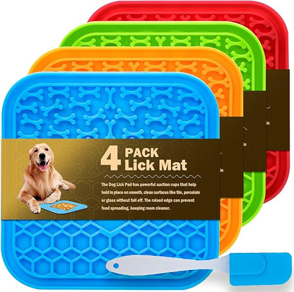 4 Pack Lick Mat for Dogs, Dog Slow Feeder Dowl Mat for Bathing Grooming Nailing Trimming, Food-Grade, Non-Toxic, Licking pad for Dogs and Cats, Puzzle Feeding Mat for Pets