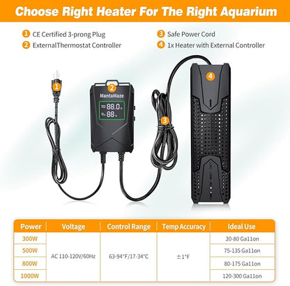 Aquarium Heater 300W/500W/800W/1000W for 20-300 Gal, Fish Tank Heater with Intelligent Leaving Water Automatica Stop Heating and Overheating Protection, for Freshwater & Saltwater