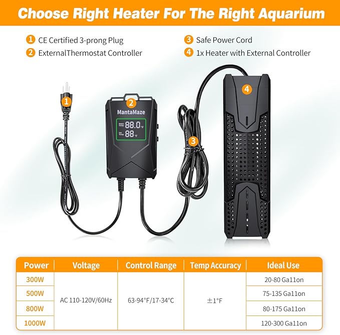 Aquarium Heater 300W/500W/800W/1000W for 20-300 Gal, Fish Tank Heater with Intelligent Leaving Water Automatica Stop Heating and Overheating Protection, for Freshwater & Saltwater