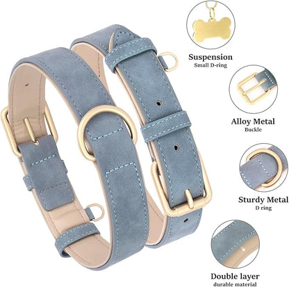 Didog Soft Padded Leather Dog Collar, Adjustable Dog Collar for Large Dogs, Heavy Duty Dog Largr Collar Leather with Metal Buckle and D Ring,Blue,XL