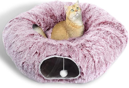 AUOON Cat Tunnel Bed with Central Mat,Big Tube Playground Toys,Soft Plush Material,Full Moon Shape for Kitten,Cat,Puppy,Rabbit,Ferret (Rosiness)