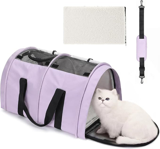 Pet Carrier, Soft Sided Cat Carrier for Medium Cats and Puppy up to 20lbs Comes with Removable Lambswool Cushion top Mesh Window, Washable Breathable Pet Bag Carrier for Outdoor Travel(Purple)