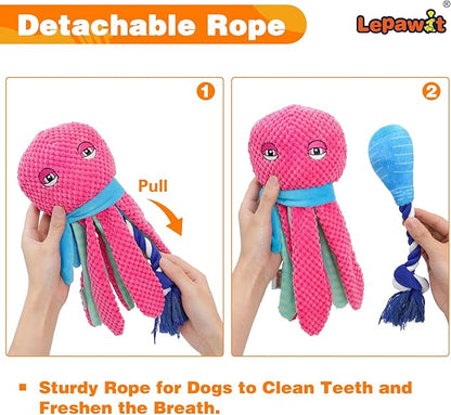 Squeaky Dog Toys, Cute Octopus Plush Toy with Detachable Rope for Dogs Indoor Play, Interactive Dog Toys with Non-Shedding Material for Small and Medium Dogs