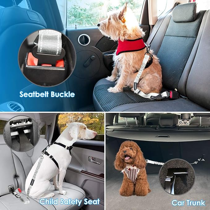 URPOWER Upgraded Dog Seat Belt 3-in-1 Dog Car Seatbelts 2 Pack Adjustable Pet Seat Belt for Vehicle Nylon Pet Safety Seat Belts Elastic & Durable Car Seat Belt for Dogs,Cats and Pets(Light Grey)