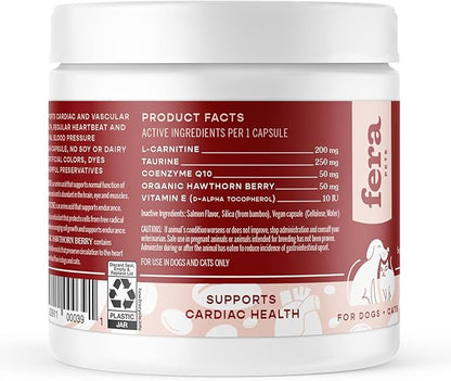 Fera Pets Cardiac Supplement for Dogs & Cats – 120 Capsules - Vet Created -Cardiovascular Function & Strength-Taurine, CoQ10, Organic Hawthorne Berry