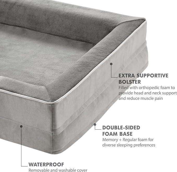 XL Orthopedic Dog Couch Bed for Large Size Dogs, XLarge Sized Memory Foam Pet Beds with Washable & Waterproof Cover, Grey