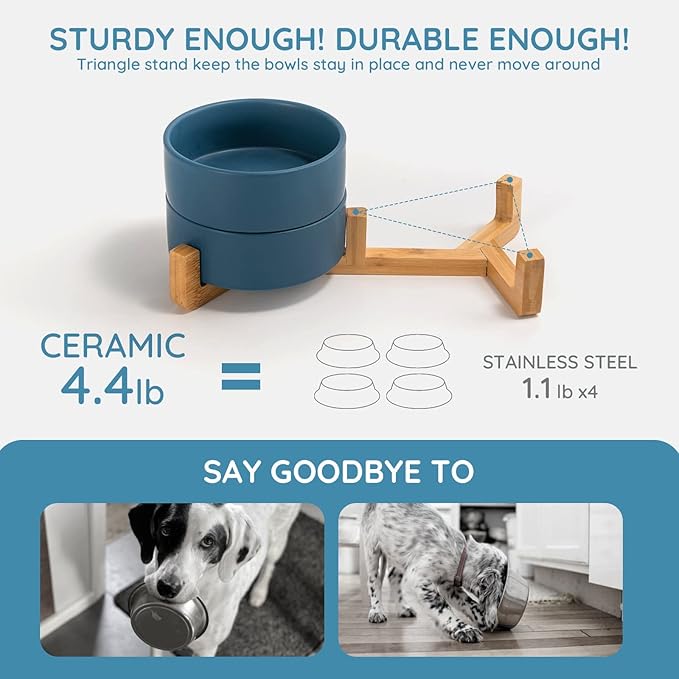 SPUNKYJUNKY Ceramic Dog and Cat Bowl Set with Wooden Stand, Modern Cute Weighted Food Water Set for Small Size Dogs (13.5OZ) & Medium Sized Dogs (28.7OZ) & Cats (3.6 Cups, 2 × Blue)