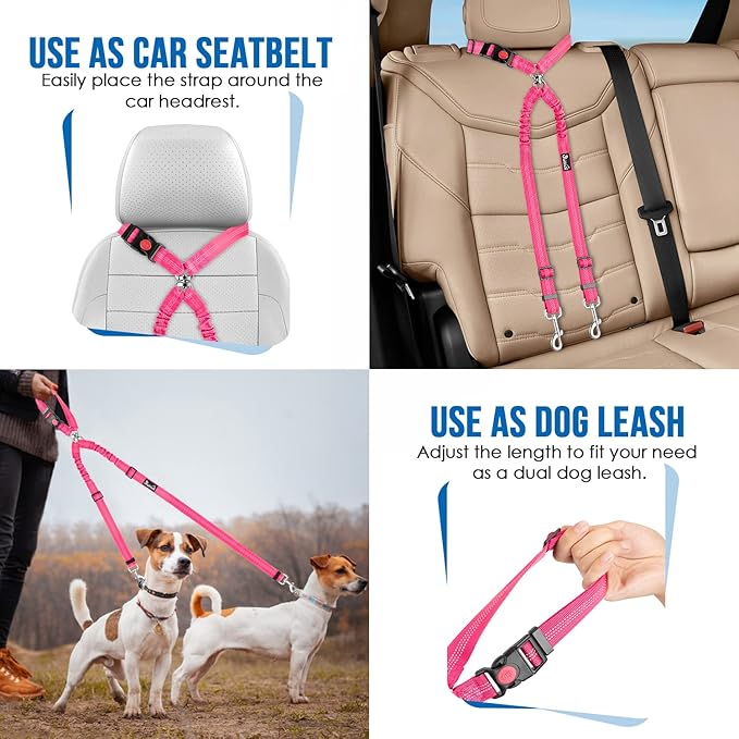 Lukovee Double Dog Seat Belt, New Dual Pet Car Headrest Restraint Safety Seatbelt No Tangle Dog Leash Duty Adjust Elastic Bungee Puppy Lead Splitter Connect Harness in Vehicle Travel for 2 Dogs (FL)