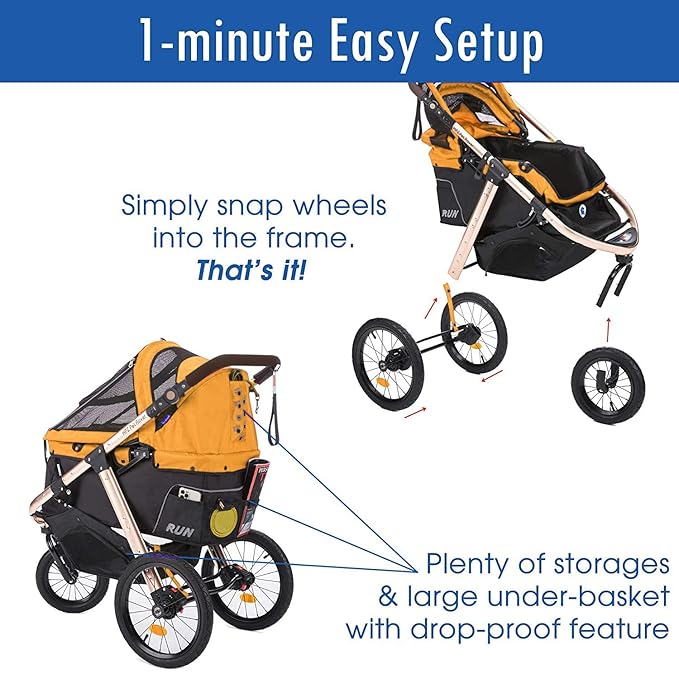 HPZ Pet Rover Run Performance Jogging Sports Stroller with Comfort Rubber Wheels/Zipper-Less Entry/1-Hand Quick Fold/Aluminum Frame for Small/Medium Dogs