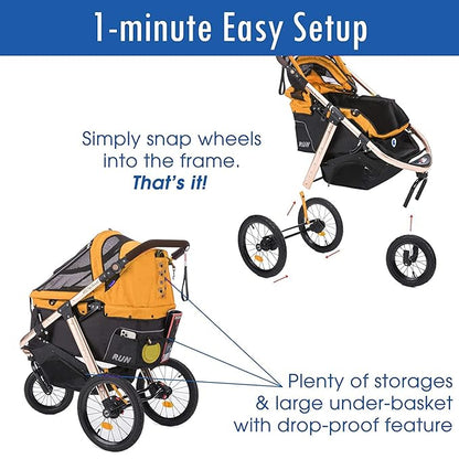 HPZ Pet Rover Run Performance Jogging Sports Stroller with Comfort Rubber Wheels/Zipper-Less Entry/1-Hand Quick Fold/Aluminum Frame for Small/Medium Dogs