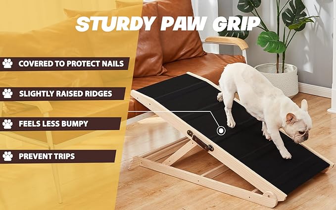 Woohoo Dog Ramp for Bed- 18" Extra Wide - Non-Slip Rubber Surface - Folding Wooden Pet Ramp for Bed and Couch - Dog Ramp for Large, Small, Old Dogs - Adjustable from 13" to 24" - Rated for 250LBS