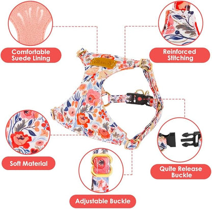 SlowTon No Pull Dog Harness with Leash - Soft Lightweight Floral Pattern Puppy Harness, Adjustable Pet Harness for Small Medium Dogs (Flower XXS)