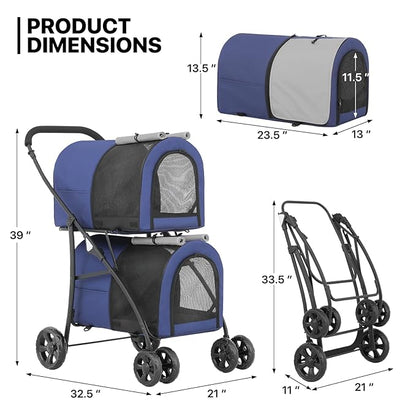 MoNiBloom Double Dog Stroller with Detachable Carrier Bags Large 4 Wheels Foldable Jogger for Small and Medium Dog Cats, Navy Blue/Gray