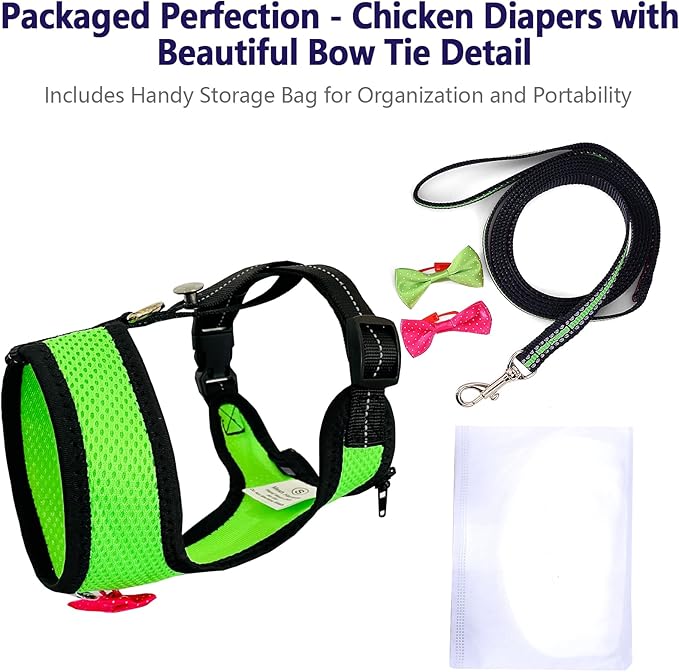 Chicken Harness Hen size With 6-foot Matching belt - Adjustable, elastic, Comfortable, Breathable, Large Size Suitable for Chicken, Duck or Goose Suitable for Weight about 4.9-6.8 Pounds, Green