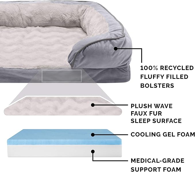 Furhaven Cooling Gel Dog Bed for Large/Medium Dogs w/ Removable Bolsters & Washable Cover 55 lbs