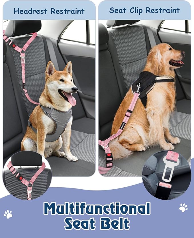 Vastar 2 Pack Dog Seat Belt for Car, 3-in-1 Dog Car Seatbelt, Adjustable Pet Seat Belt, Safety Headrest Restraint Dog Car Belt with Reflective Elastic Bungee, Poop Bag Holder