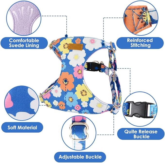 SlowTon No Pull Dog Harness with Leash - Soft Lightweight Floral Pattern Puppy Harness, Adjustable Pet Harness for Small Medium Dogs (Blue Flower XXS)